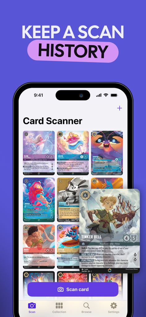 TCG Card Scanner for Lorcana - A mobile app interface displaying a scan history of Disney Lorcana trading cards in a grid layout.