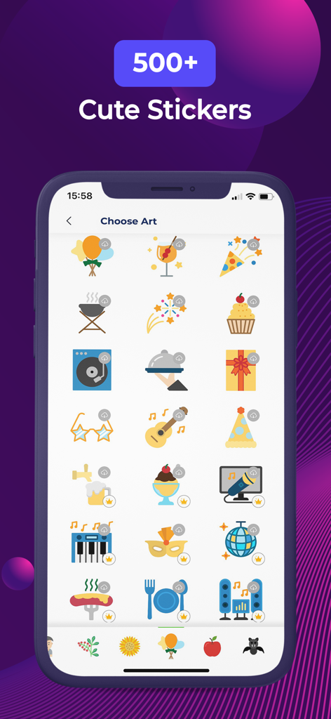 Eine mobile Oberfläche, die eine Sammlung von bunten Aufklebern wie Ballons, Essen und Musikinstrumenten für Grafikdesign zeigt