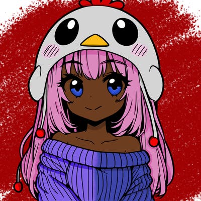 anime girl with chick shaped hat with sweater with bare shoulders with bangs covering them one eye with low tail
