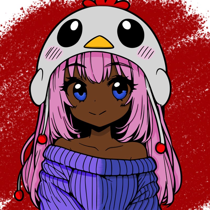 anime girl with chick shaped hat with sweater with bare shoulders with bangs covering them one eye with low tail