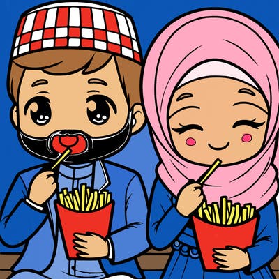 a man and a woman, muslim, who eat french fries realistic
