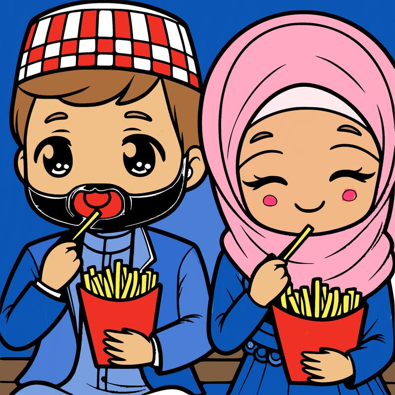 a man and a woman, muslim, who eat french fries realistic