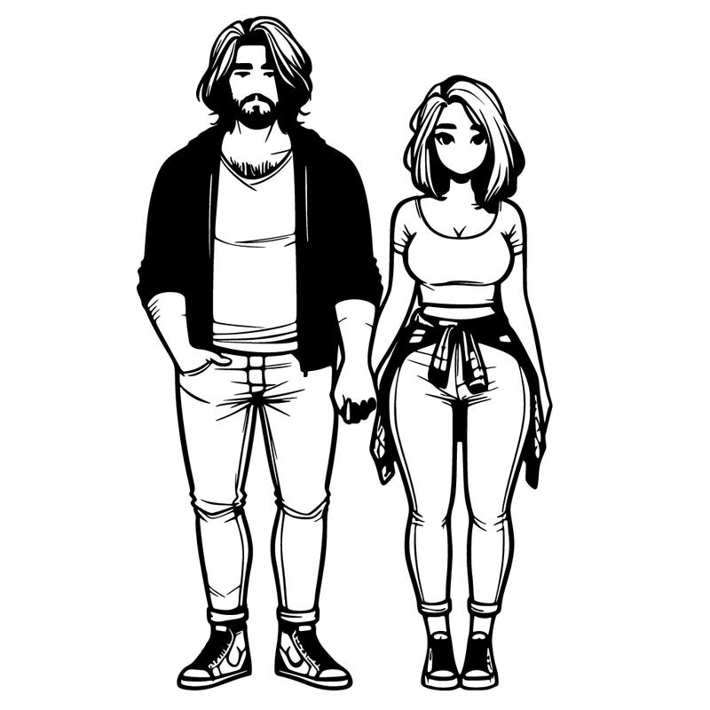 realistic couple girl plus size guy skinny same height guy with long hair and beard girl with shoulder length hair
