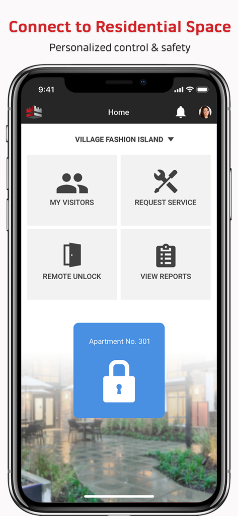The KastleResident app dashboard on a smartphone showing buttons for visitors, service requests, and remote unlocking for a smart apartment.