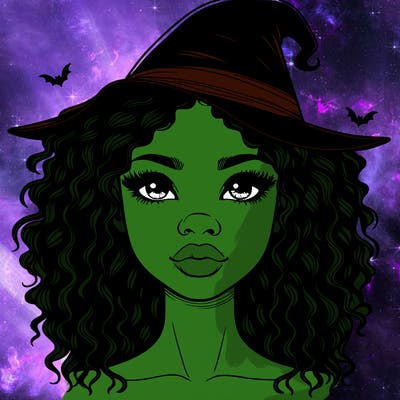 realistic black girl with wavy hair and witch hat and nose and lips