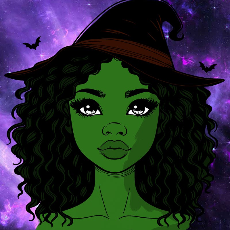 realistic black girl with wavy hair and witch hat and nose and lips
