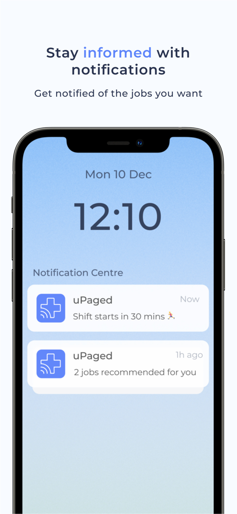 uPaged - iPhone screen showing uPaged mobile notifications for an upcoming healthcare shift and new job recommendations.