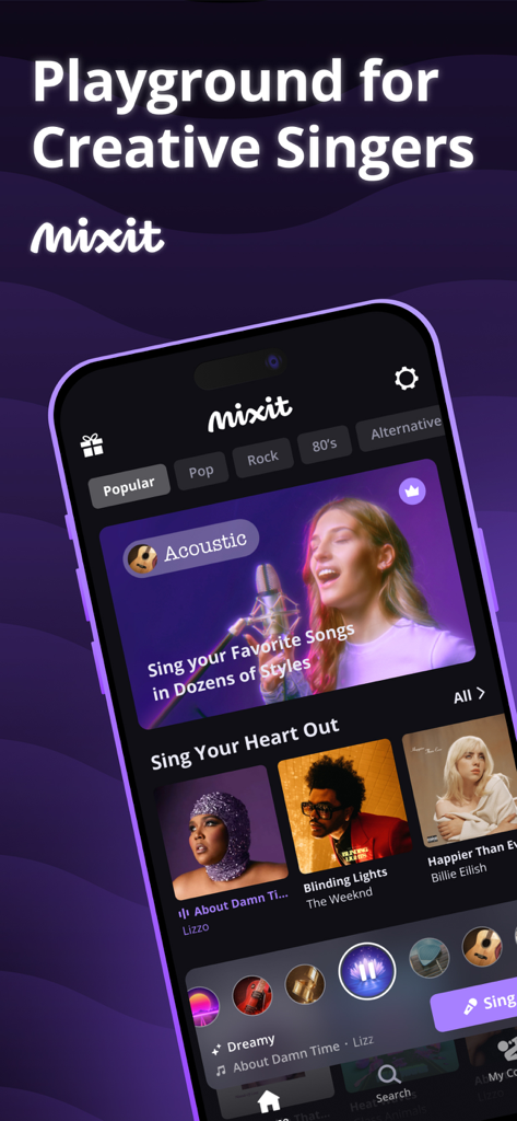 Mixit: Sing & Create Covers - Mixit app interface showing song covers by popular artists and creative genre styles