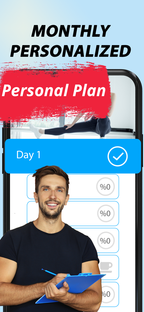 Una pantalla móvil que muestra un plan de entrenamiento de splits personalizado de un mes con un rastreador de progreso diario y un entrenador de fitness.