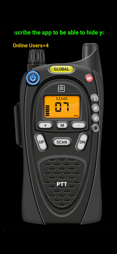 Realistic digital walkie-talkie app interface with a PTT button and channel display