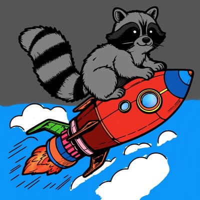 realistic raccoon flying on top rocket ship