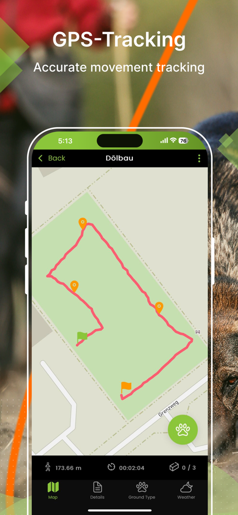 tracking-dog 2026 - A mobile app screen showing a recorded GPS track on a map for high-performance working dog training