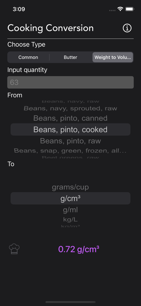 Cooking Conversion - Interface do aplicativo Conversão Culinária exibindo o cálculo de densidade de peso para volume para feijão pinto cozido
