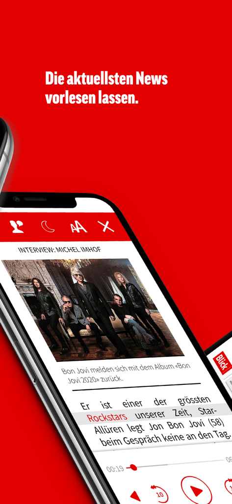SonntagsBlick E-Paper app screen showing news audio playback and reading mode settings.