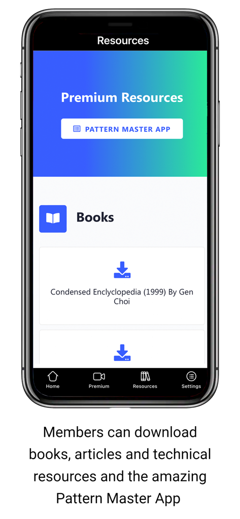 TKD Coaching app resources screen showing downloadable books and the Pattern Master App
