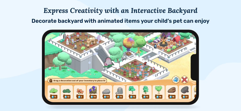 A screen from the Joon Pet Game app showing a virtual backyard being decorated with trees, rocks, and animated items.