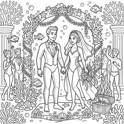 Discover a truly unique celebration with our Swimmers Underwater Wedding coloring page. This enchanting scene features a happy couple exchanging vows beneath the waves, surrounded by cheering guests and marine beauty.