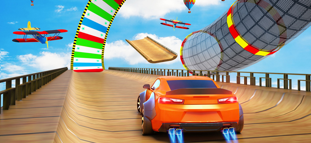 Drift Race Car Driving Games - An orange sports car driving on a wooden mega ramp in the sky with colorful loops and planes