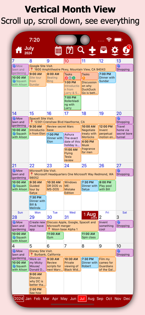 myCal PRO Planner - 색상 코딩된 캘린더 이벤트가 표시되는 myCal PRO Planner 앱 세로 월별 보기