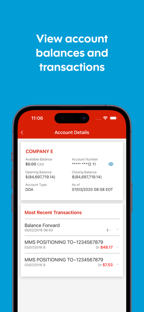ScotiaConnect Business Banking - ScotiaConnect Business Banking app screen displaying account balances and recent transactions.