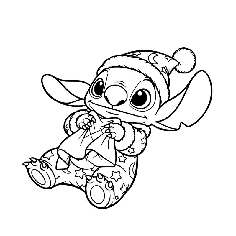 baby stitch wearing a sleeper and wearing a night cap holding a blanket