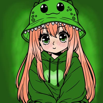 girl with anime shaped eyes with a dinosaur bucket hat oversized sweatshirt long straight hair