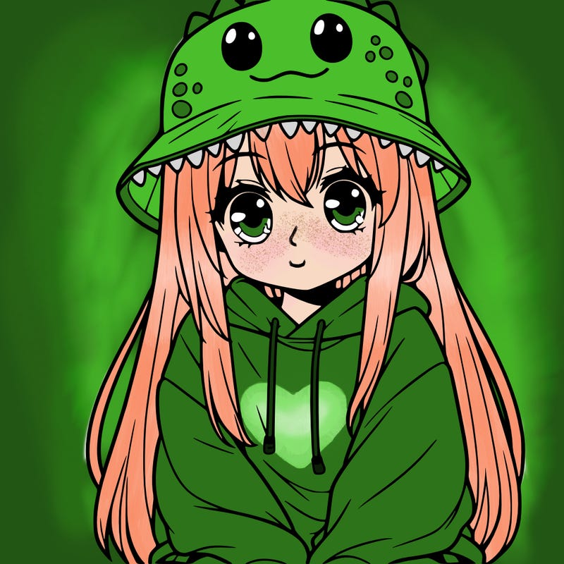 girl with anime shaped eyes with a dinosaur bucket hat oversized sweatshirt long straight hair