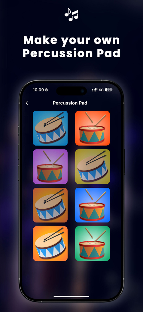 Drum Pads Electronic Drums - Mobile app screen showing a grid of colorful drum icons under the Percussion Pad section