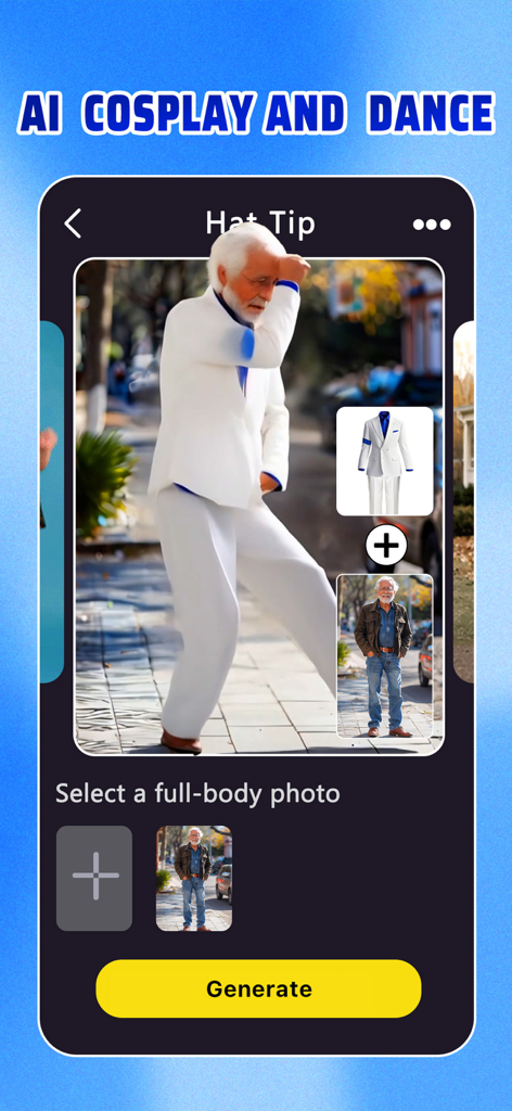 Animator app screen demonstrating AI cosplay and dance feature with a full body photo transformation.