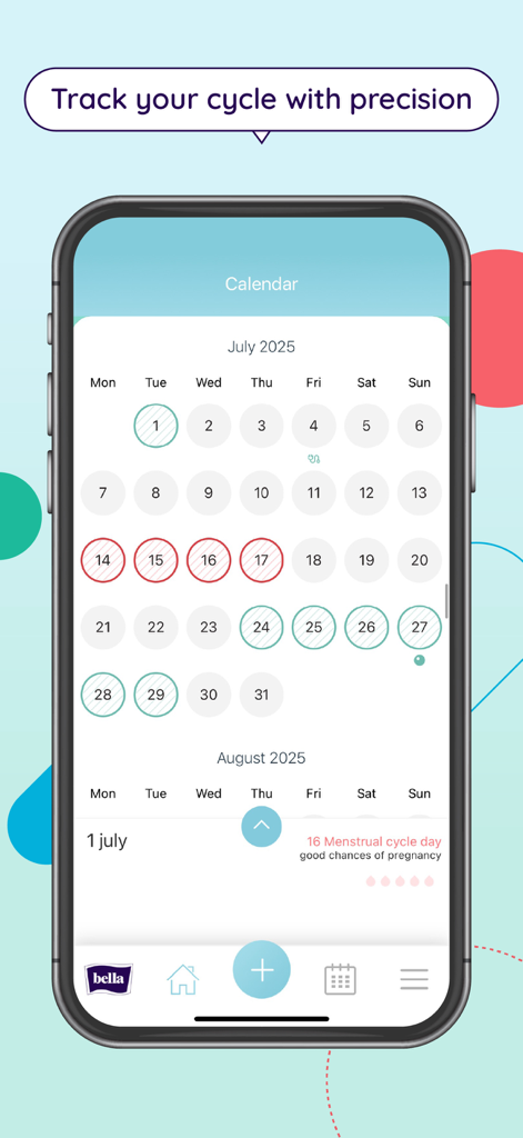 Kalendarzyk Bella - Kalendarzyk Bella app showing a monthly calendar with period tracking and fertility day indicators.