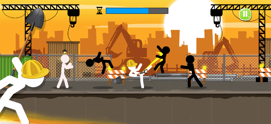 A white stickman wearing a yellow hard hat fights black stickmen with a shovel on a construction site background.