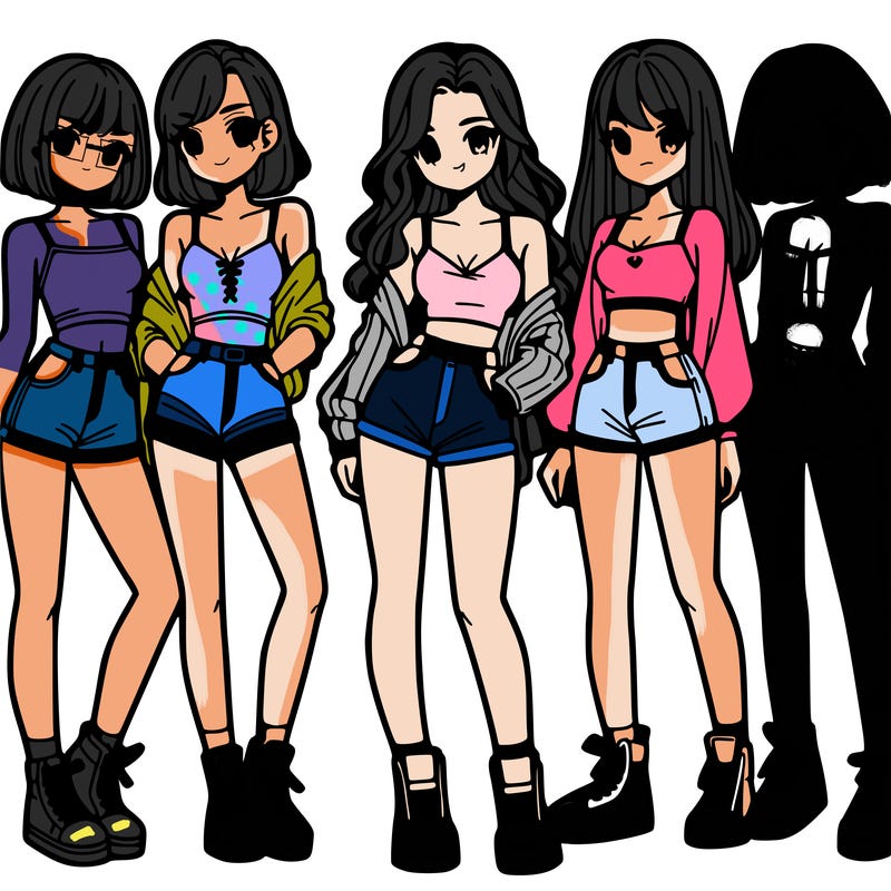 a group of girls wearing crop tops and shorts