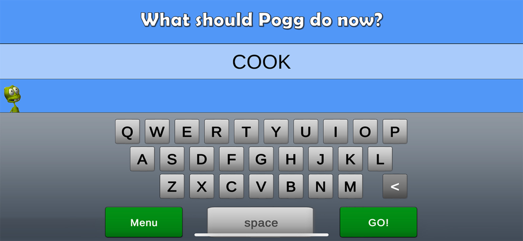 Pogg educational app interface showing typing mode with the word cook and a virtual keyboard