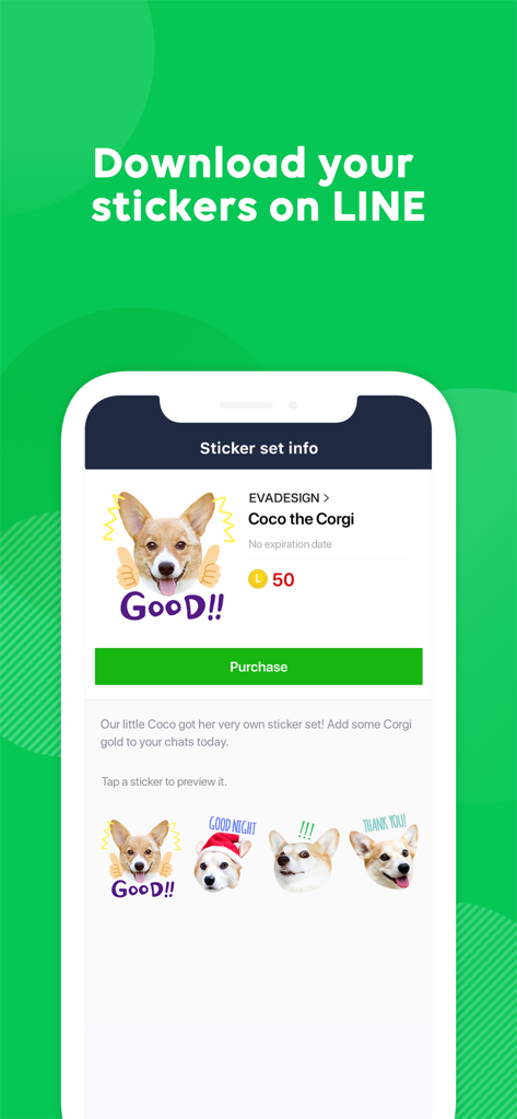 A mobile interface for LINE Sticker Maker displaying a custom corgi dog sticker set available for purchase.