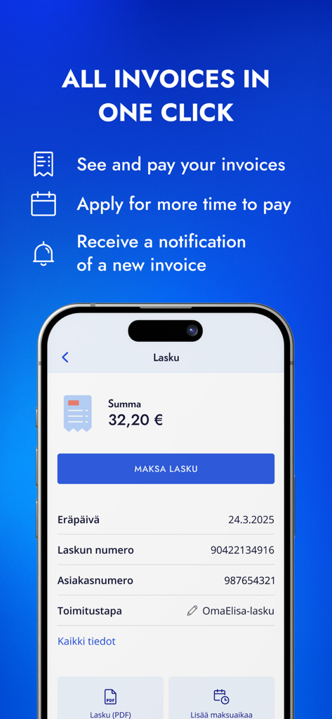 OmaElisa mobile app screenshot showing invoice details and bill payment features.