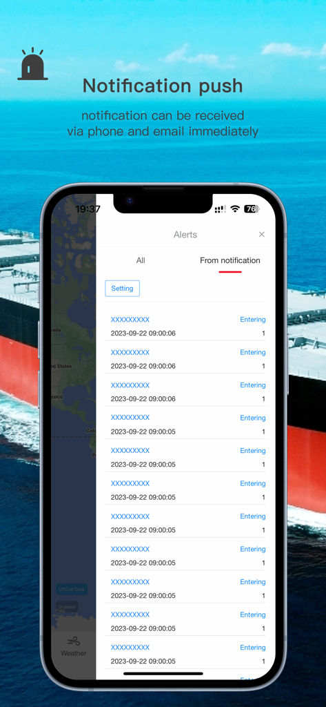 Smartphone screen displaying hiFleet maritime notifications and vessel alerts