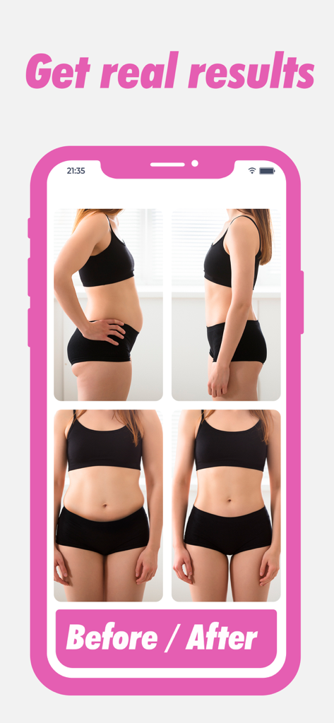 Resultados de fitness antes e depois em uma tela de smartphone do aplicativo Fit Woman