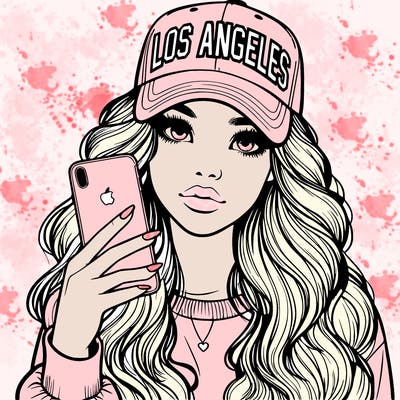 realistic beautiful girl wearing los ángeles cap holding an iphone