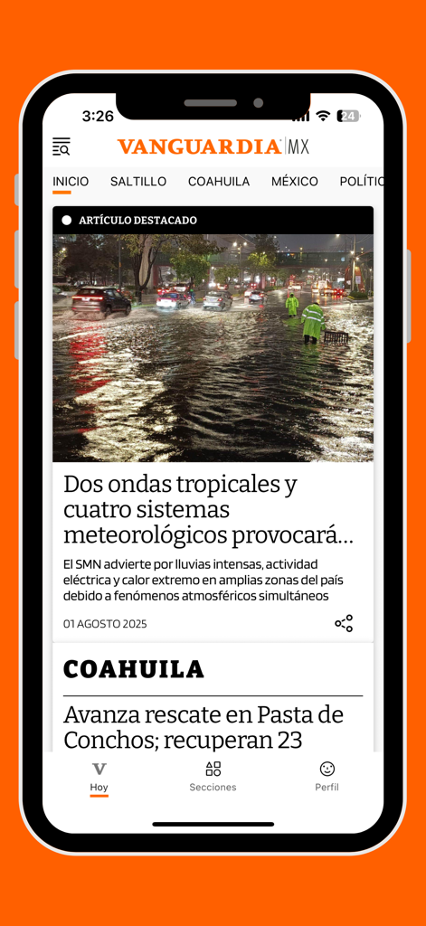 Interfaz de la aplicación de noticias Vanguardia con titulares de Saltillo y Coahuila, México.