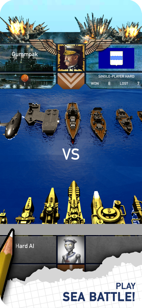 Fleet Battle: Sea Battle game - Opposing naval fleets on a blue ocean background in Fleet Battle game