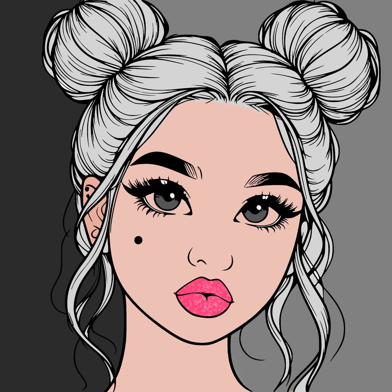 realistic girl with two buns on her hair and lips
