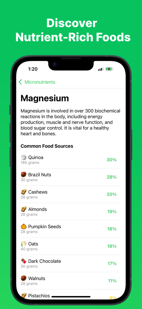 A mobile screen showing magnesium benefits and common food sources with nutrient percentages in the Micronutrient app.