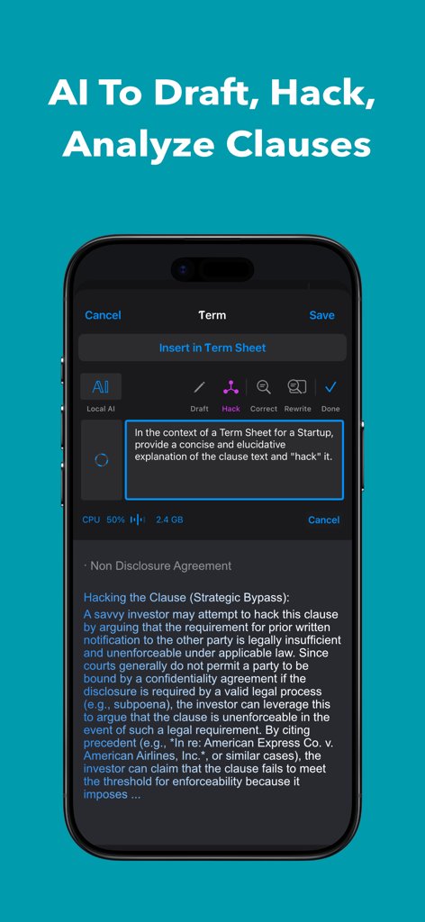 Simulfund * Startup Funding - スタートアップの秘密保持契約条項のAI分析とハッキングを表示するSimulfundアプリのインターフェイス