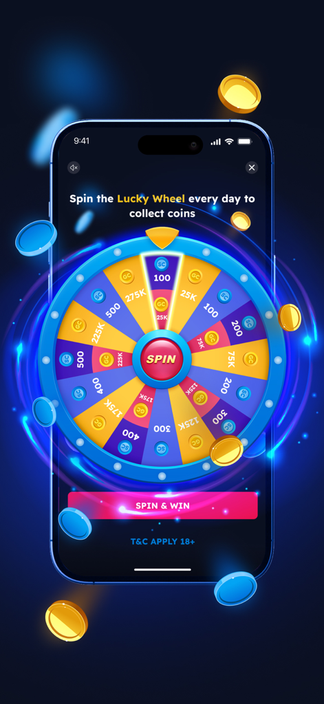 The Lucky Wheel daily reward screen in the NoLimitCoins app showing various coin prizes