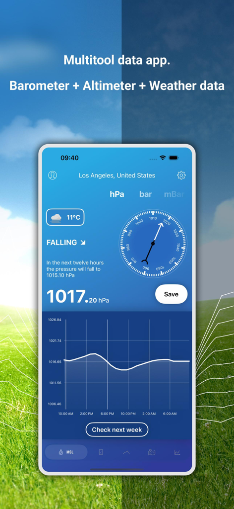 My Barometer and Altimeter - Screenshot of My Barometer and Altimeter app displaying atmospheric pressure readings and historic trends