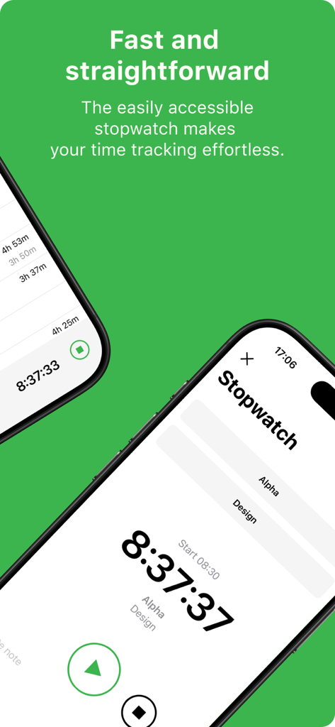 TimePunch Mobile - Interfaz del cronómetro de la aplicación TimePunch Mobile mostrando el seguimiento de tiempo activo para un proyecto de diseño