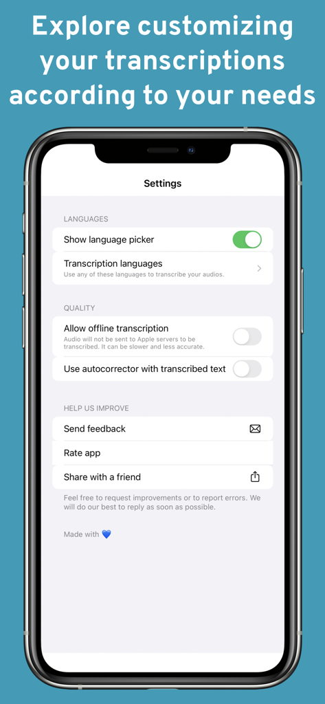 transcriptor for WhatsApp - Tela de configurações do aplicativo transcritor exibindo opções de idiomas, qualidade e feedback