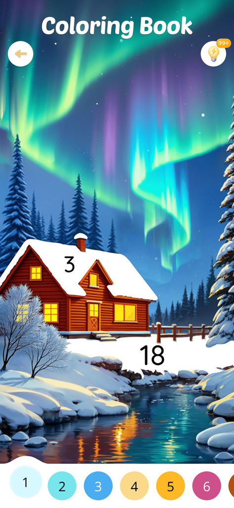 Color Aura: Paint by Number - Une page de coloriage numérique par numéro représentant une cabane rouge confortable et des aurores boréales