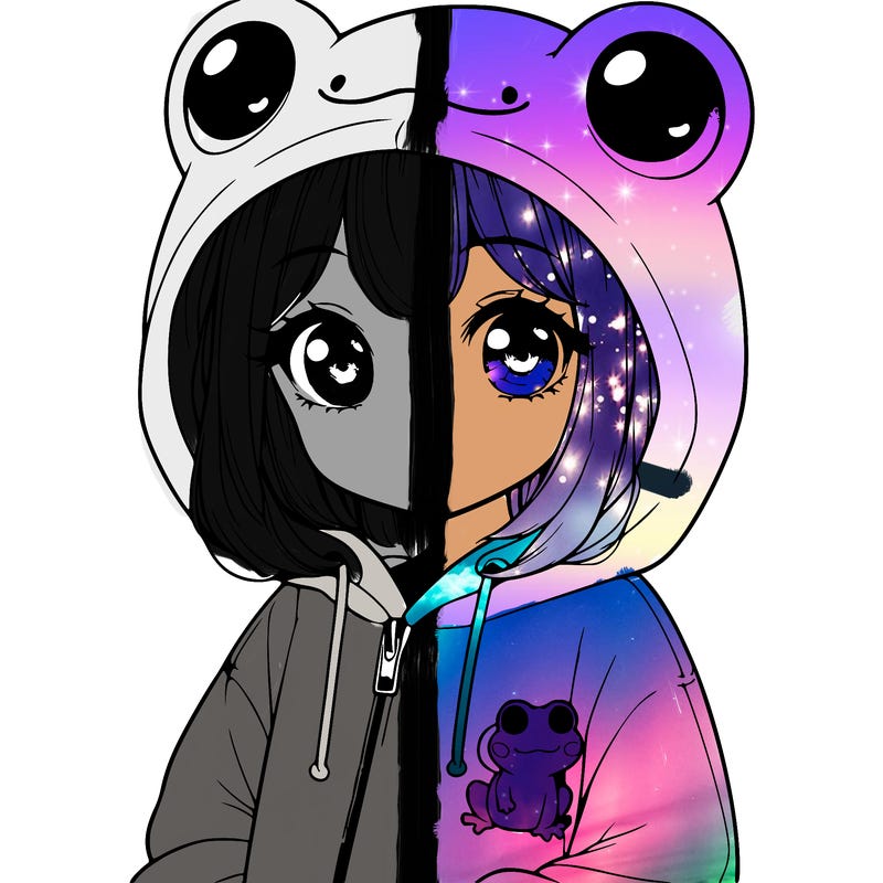 cute realistic girl in a froggy hoodie