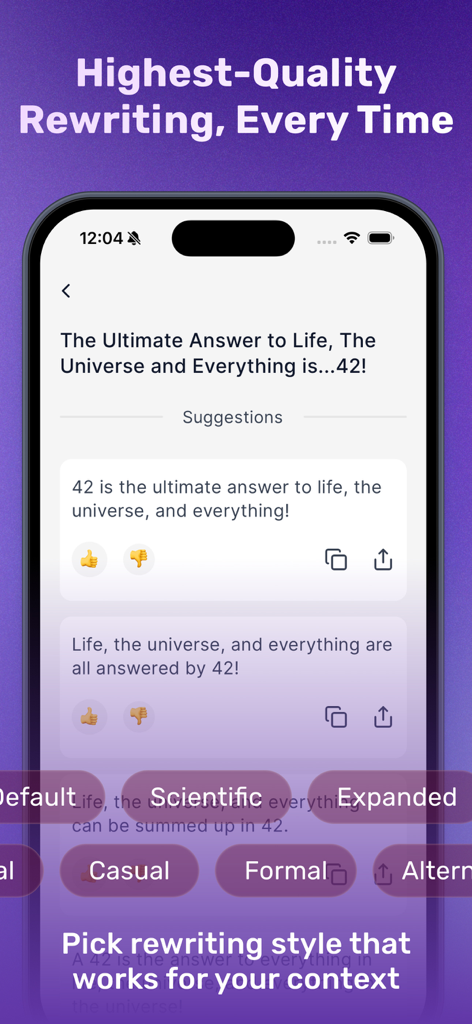 Paraphrase - Rewrite Tool - Un iPhone mostrando la aplicación Parafrasear con múltiples sugerencias de reescritura de texto y opciones de estilo como Científico, Casual y Formal.
